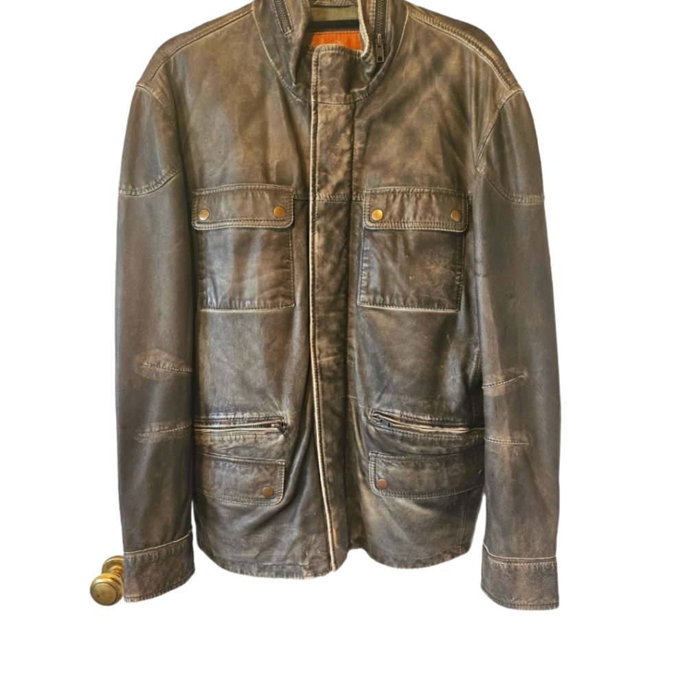 Vintage Goosecraft 100% Leather Green Distressed Zipper Jacket Size Large